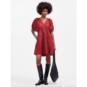 Madewell Puff Sleeve Mini Dress Poplin Claret Burgundy A Line Pockets Large NWT